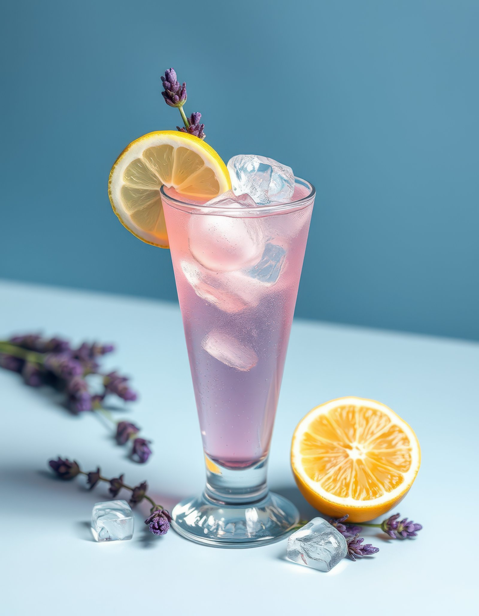 Refreshing pink beverage garnished with lemon slices and lavender sprigs served on a blue background